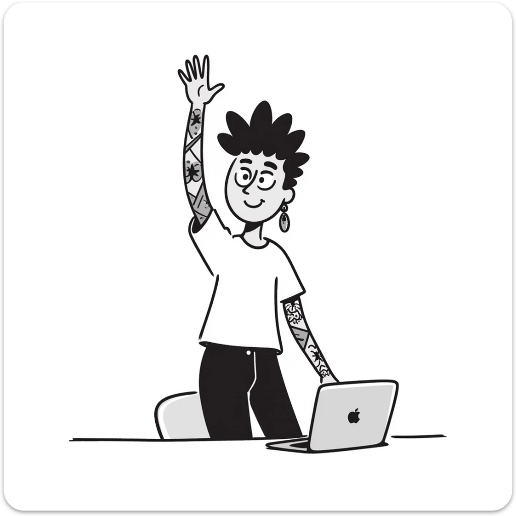 Punk rock female student with mohawk, facial piercings and full sleeve tattoos, smiling confidently while raising hand in class, laptop on desk, wearing band t-shirt sticker