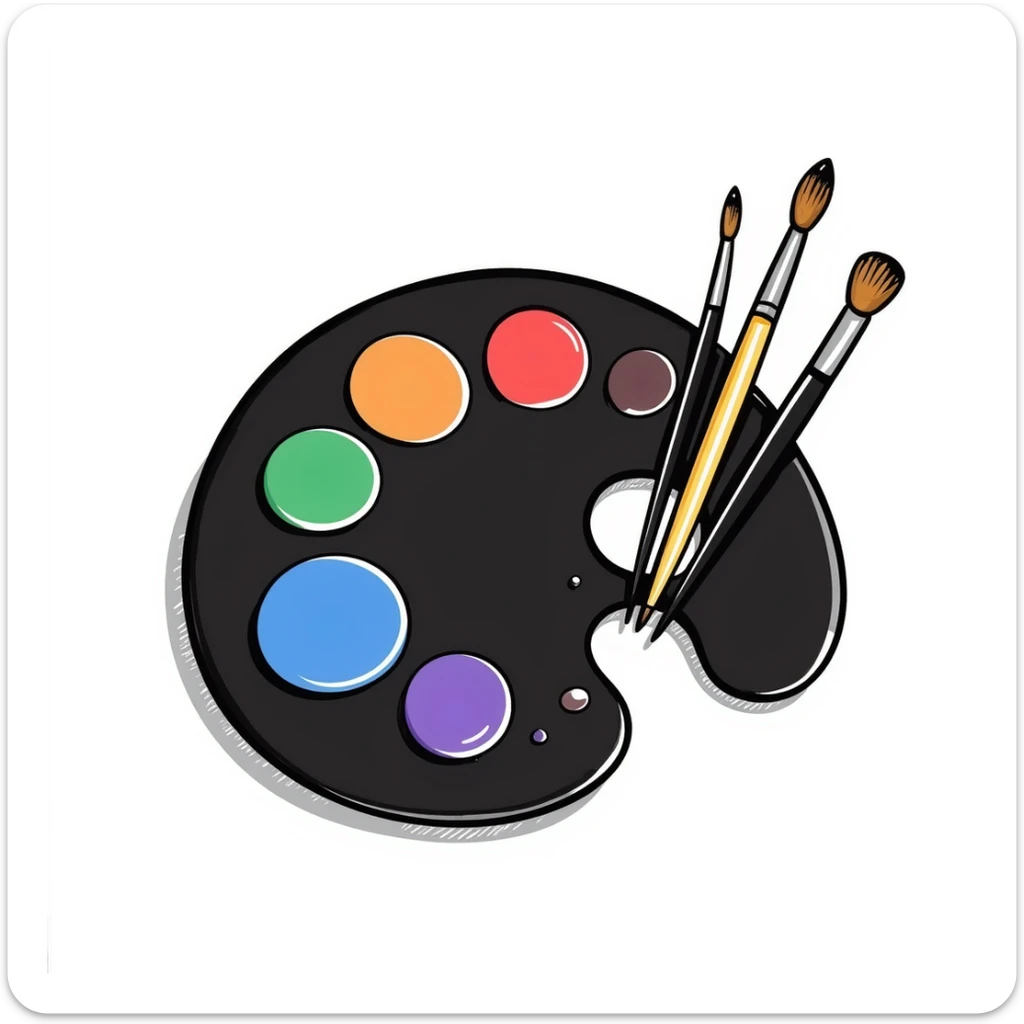 Detailed artist's palette with colorful paint blobs, palette holes, and paintbrushes nearby. Detailed and intricate doodle style. sticker