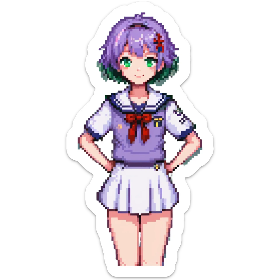 Pixel art anime girl with short bright purple hair wearing Japanese sailor style school uniform, trying to look confident with hand on hip but nervously waving with a shy blush and timid smile sticker