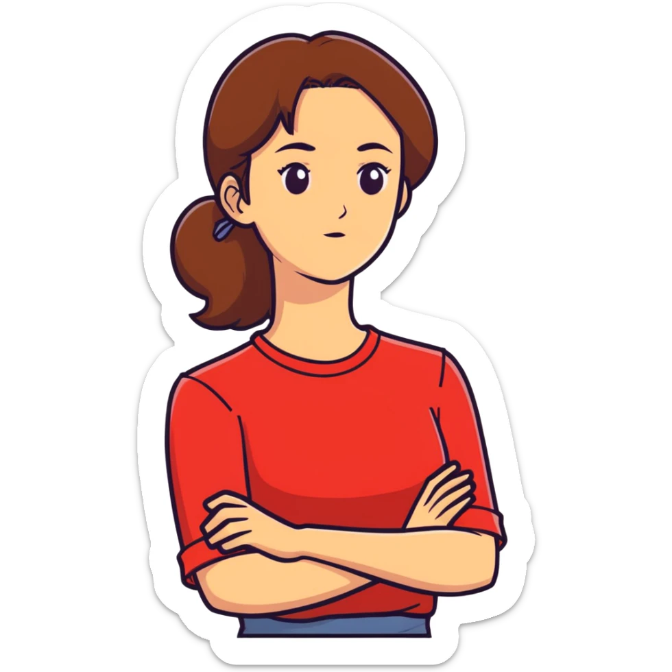 arms crossed holding neck brown hair woman wearing red shirt  sticker