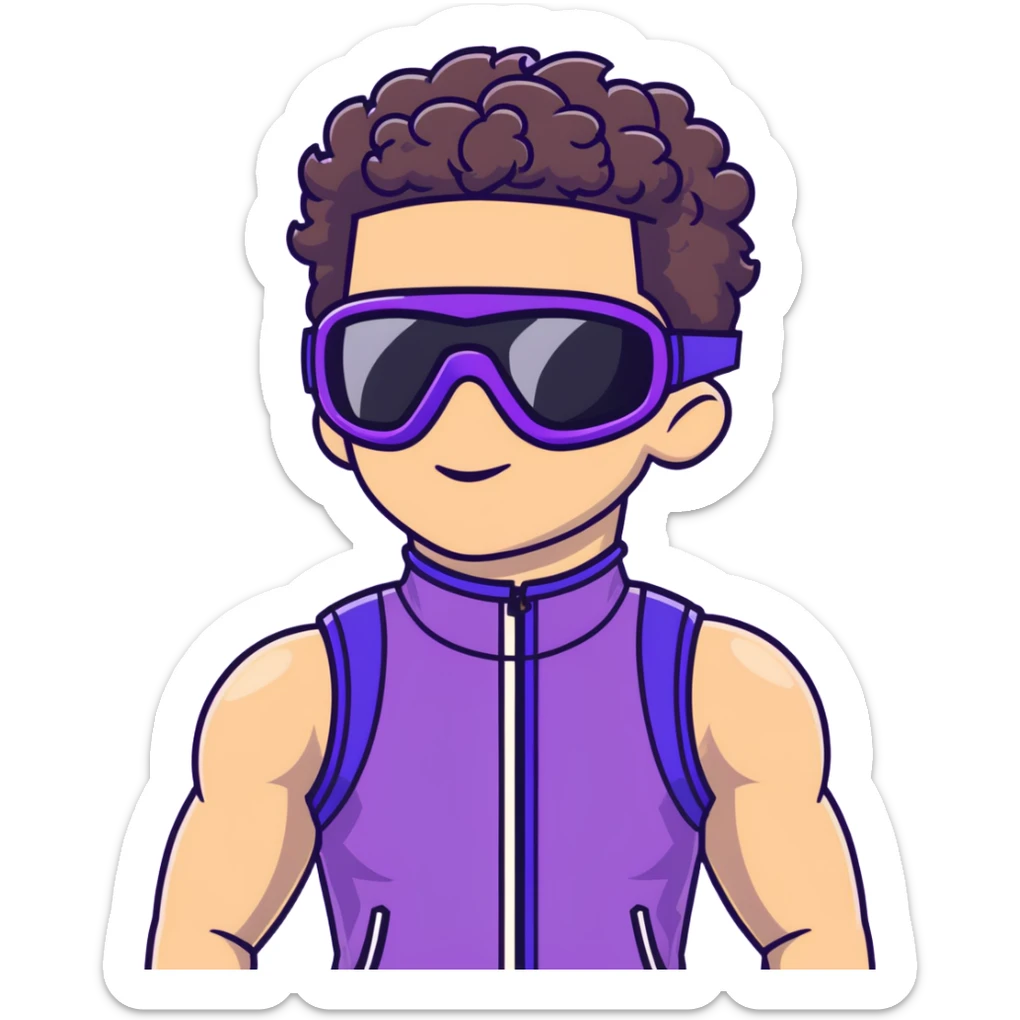 male athlete with white skin and moderately curly dark brown hair on top with shaved sides, wearing ski goggles with purple frames and very dark black lenses, a simple plain black chain necklace, and a completely unzipped sleeveless vest with purple and black sequin fire pattern design with no logo, fully revealing his chest, shoulders and arms, no earrings sticker