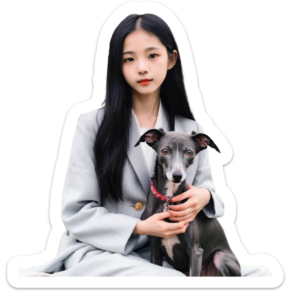 A young Chinese girl with long black hair and a dark grey Italian Greyhound with absolutely no white marks on its body or nose sitting under a cherry blossom tree sticker