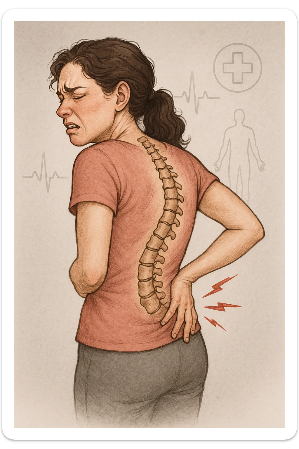 Donna con scoliosi dolorante perchè non ha mobilità a causa di essa sticker