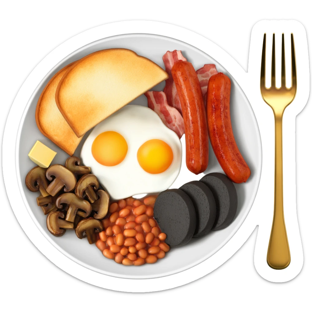 English breakfast on a beautiful white plate with a gold fork sticker
