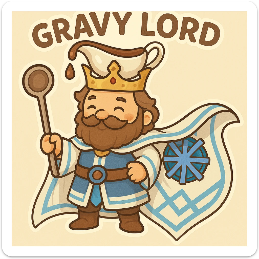 Add a white and blue cape flowing behind Gravy Lord, matching the colors and pattern of the attached reference image. Maintain the whimsical, regal style with the gravy boat crown and ladle scepter as key elements. The cape should complement the character's design and enhance the regal appearance. sticker