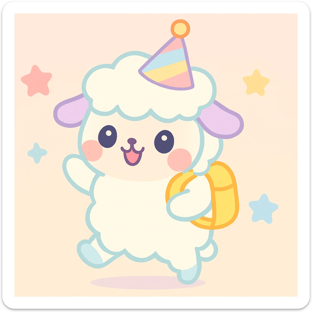 Add a yellow backpack and a party hat to the kawaii fluffy sheep, preserving the cute and soft kawaii style with fluffy texture and pastel colors. sticker