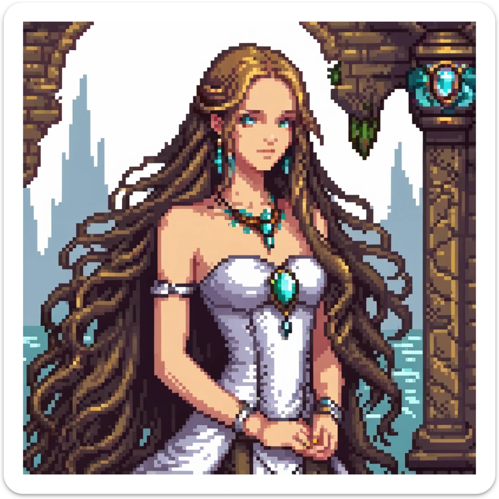 Beautiful girl with metal jewelry and long flowing hair in fantasy setting sticker