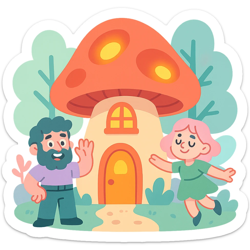 mushroom-shaped house with glowing lights, forest fairy tale vibe, pastel-toon style sticker