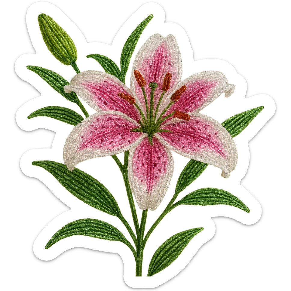 french beaded stargazer lily, floral craft, sparkling glass beads, pink and white gradient petals, green foliage, realistic, elegant, no background sticker