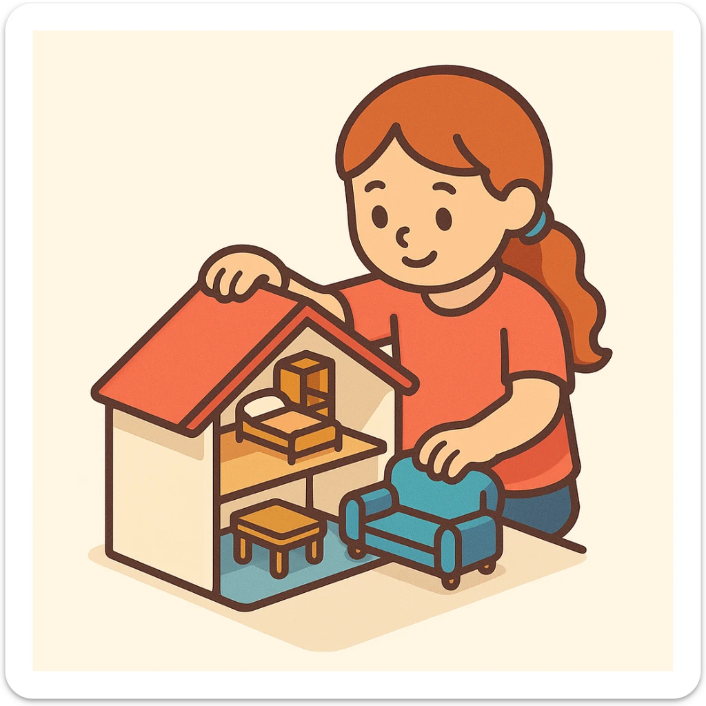 smiling girl arranging furniture in doll house sticker