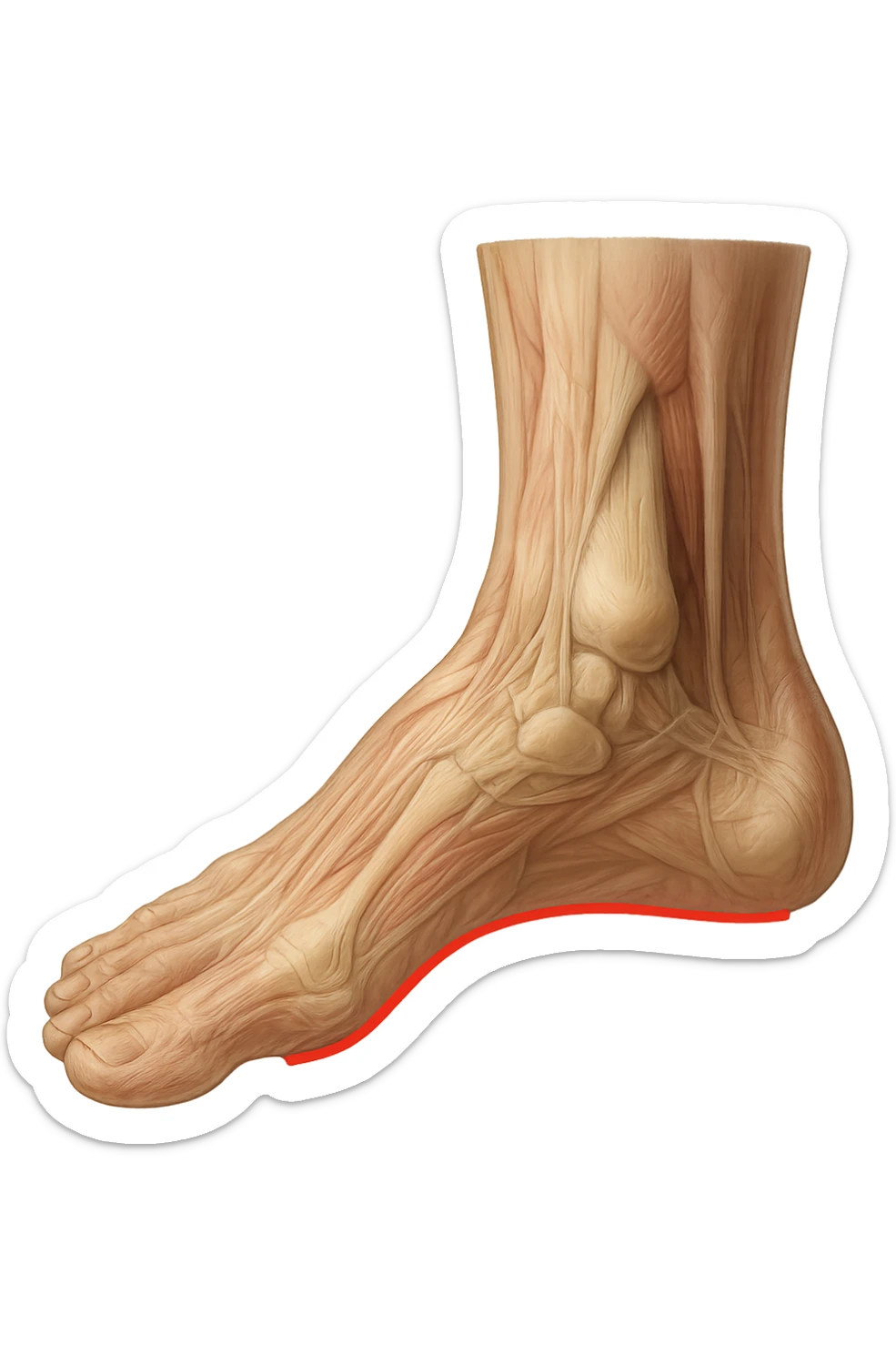 spazio dall'avampiede al tallone umano sottolineato in rosso, fai l'arto umano anatomico realistico con evidenza su quel tratto sticker