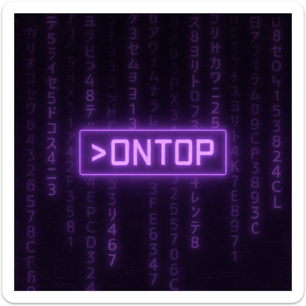 A seamless animated loop of a neon purple cyberpunk banner with glowing text that says ">ONTOP", centered in a rectangular box. The background features scrolling katakana and alphanumeric characters falling like digital rain (Matrix-style), with subtle screen glitches and pulsing light effects. The entire animation should have a moody, futuristic vibe, with soft purple glows and ambient flickers that bring the design to life. Format: 680x240px, looped animation, ideal for a Discord banner. sticker