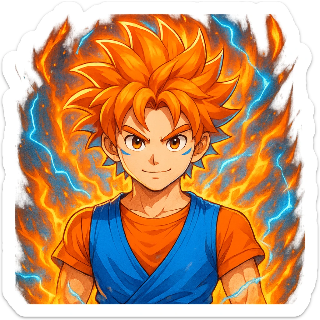 Add a glowing power-up aura around the cheerful anime fighter with wild hair. Keep the background transparent. The style should resemble a vibrant anime illustration with dynamic glowing effects around the character's hair and body. sticker