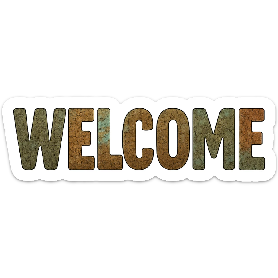 The word 'WELCOME' written in bold letters, each letter filled with a mix of snake, crocodile, and chameleon skin patterns, each letter a different pattern. sticker