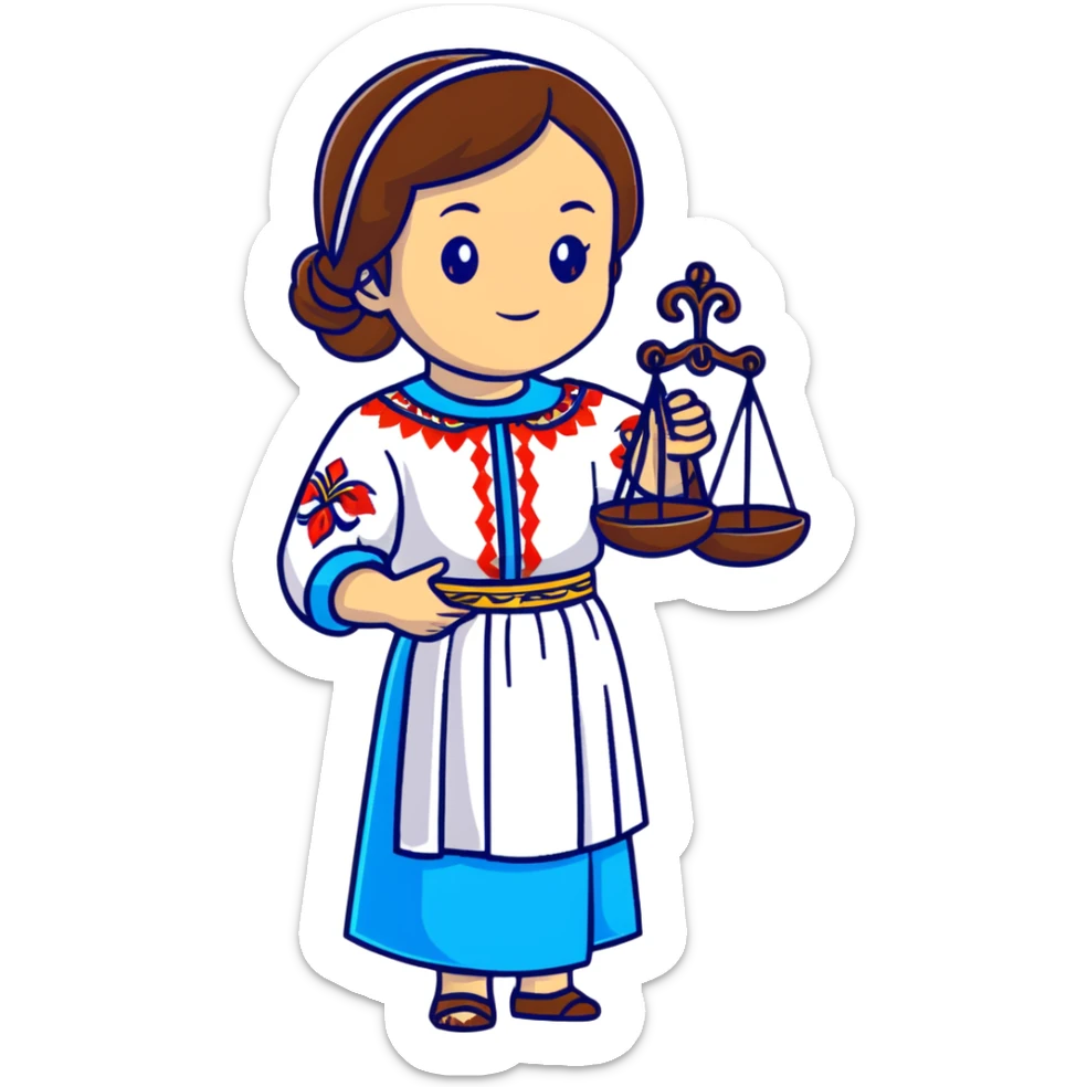 Ukrainian girl with brown hair wearing a traditional embroidered vyshyvanka shirt, holding scales of justice in her hand sticker