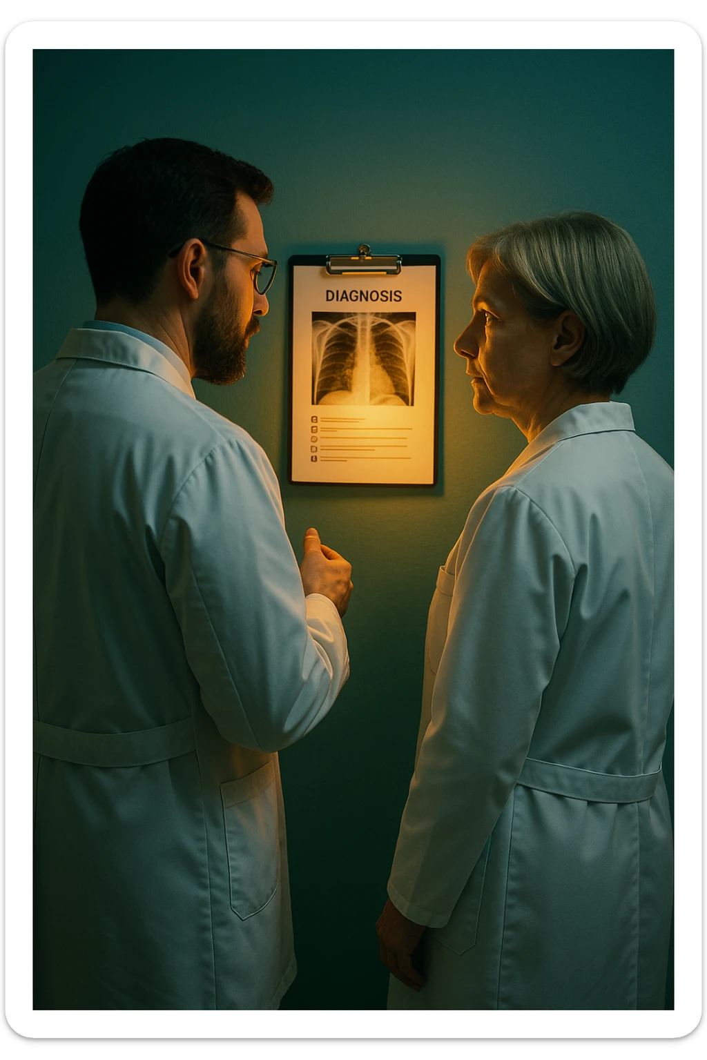 Realistic, detailed photo taken from behind of two doctors—a bearded man and a middle-aged woman—standing and facing each other as they discuss a diagnosis in front of a medical chart. The scene is illuminated by a yellowish, orange, warm light that softly envelops the doctors. The entire room is bathed in a single green-blue color, creating a cohesive and modern atmosphere. Both doctors wear white coats, and their body language suggests a serious, professional conversation. Shot with a Canon EOS R5, with high detail and natural depth of field. sticker