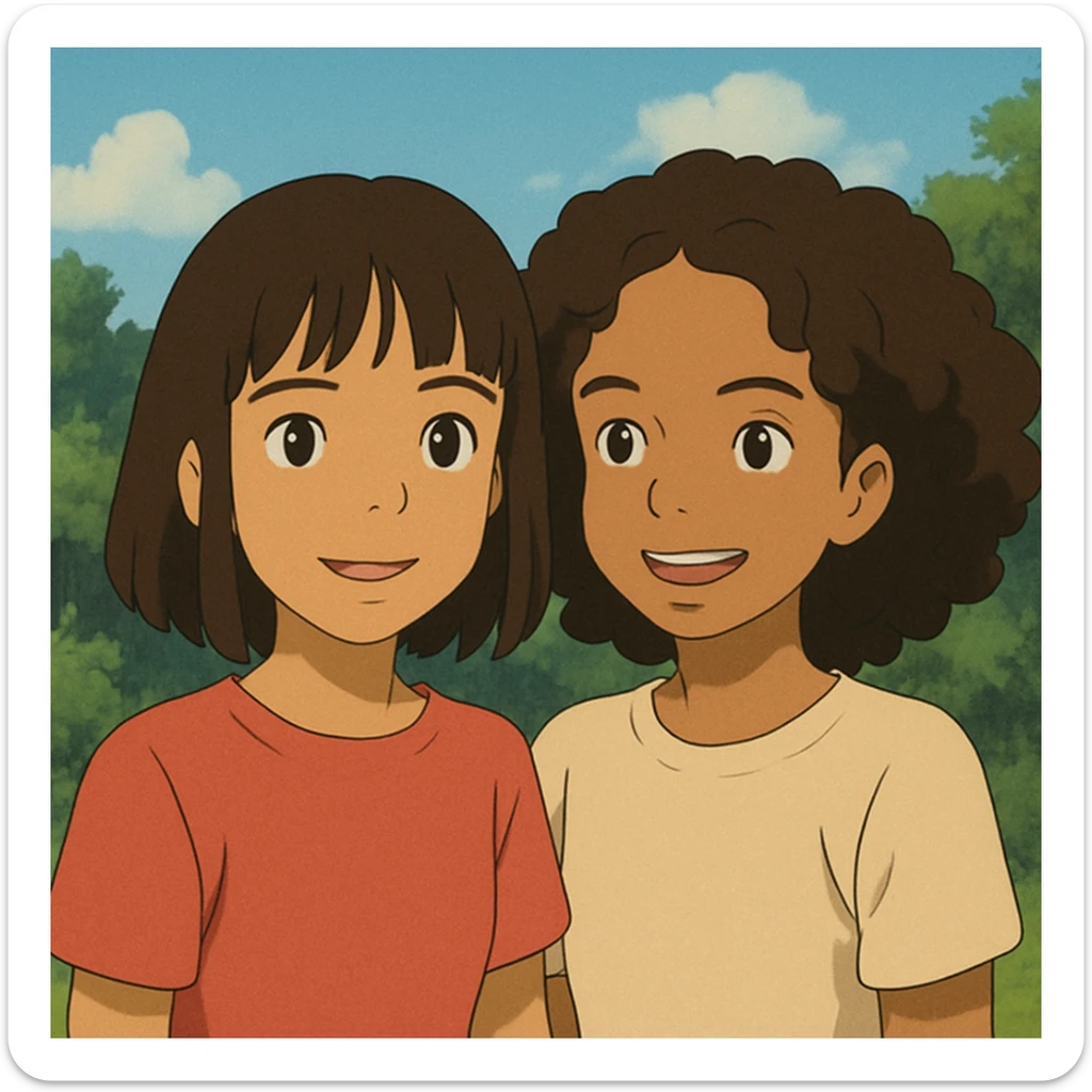 Una chica morenita con cabello lacio y fleco y otra chica a su lado morenita con el cabello chino sticker