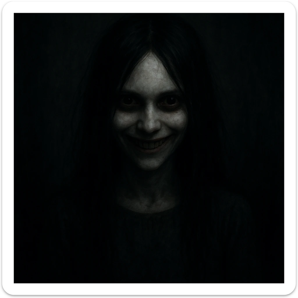 creepy girl, pale skin, long black hair, eerie smile, shadowy background sticker
