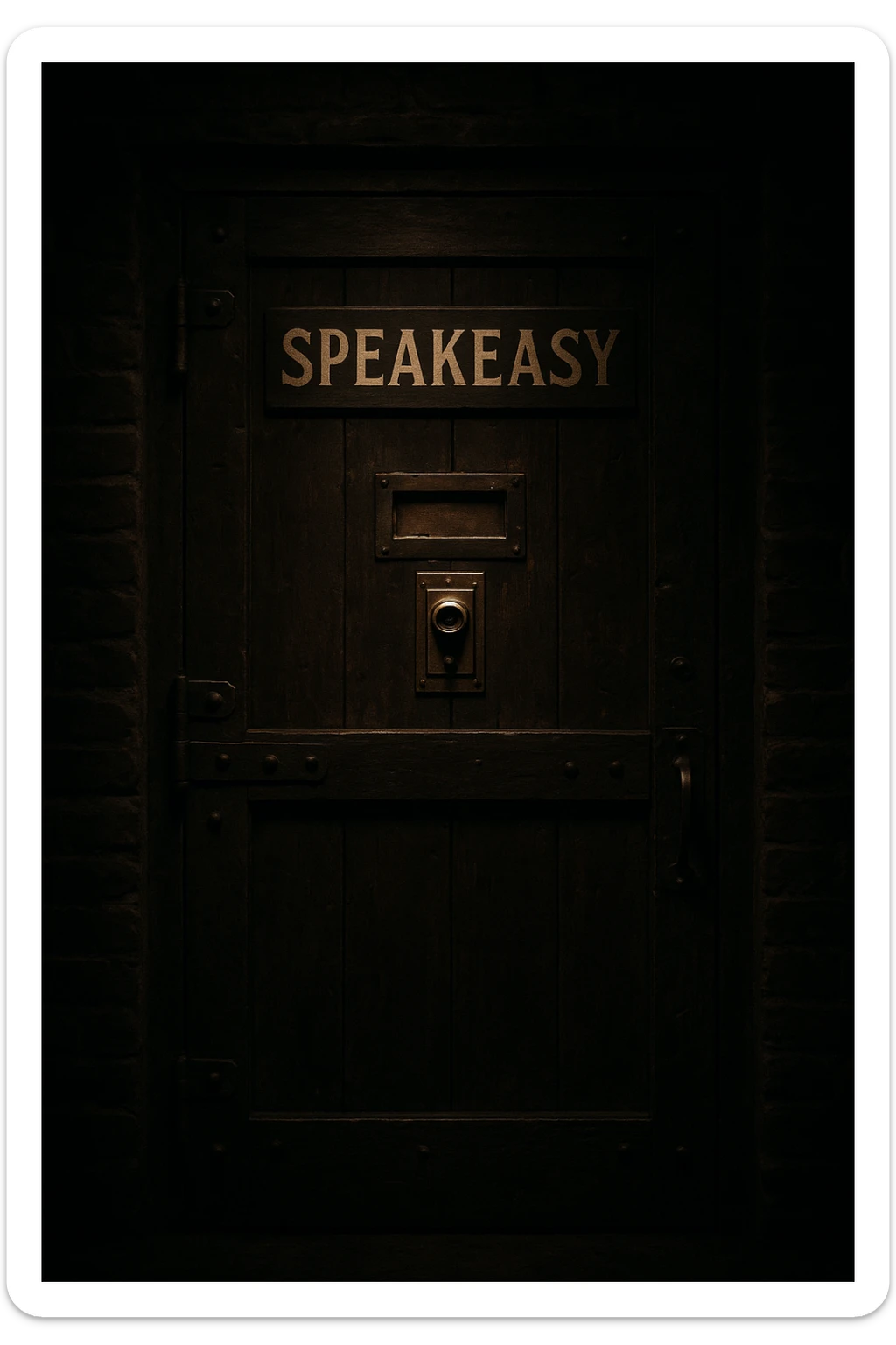 speakeasy door with a peephole, symbolizing secret Chicago mob meetings, dark atmospheric vintage style sticker
