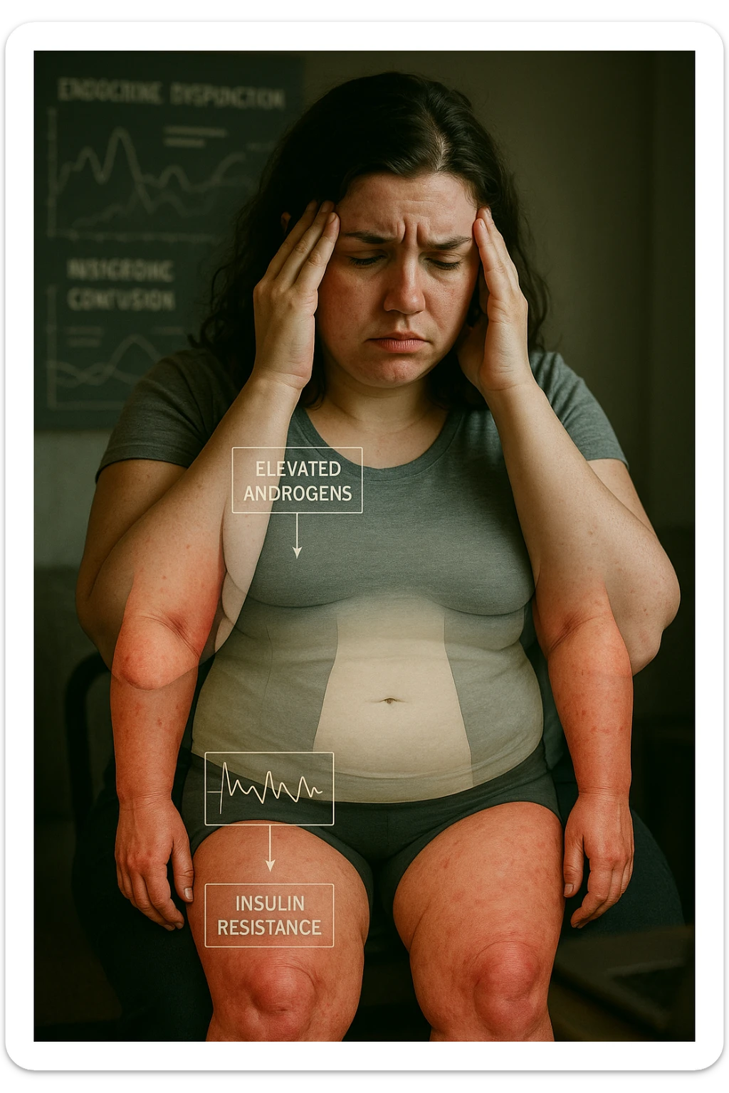 cinematic realistic in italiano Woman with PCOS struggling with hormonal chaos, transparent overlay showing elevated androgens and insulin resistance affecting her body, lipedema causing disproportionate fat accumulation in legs and arms despite normal torso, expression of frustration with unexplained weight gain, medical charts showing complex endocrine dysfunction, painful swollen limbs contrasting with metabolic confusion sticker