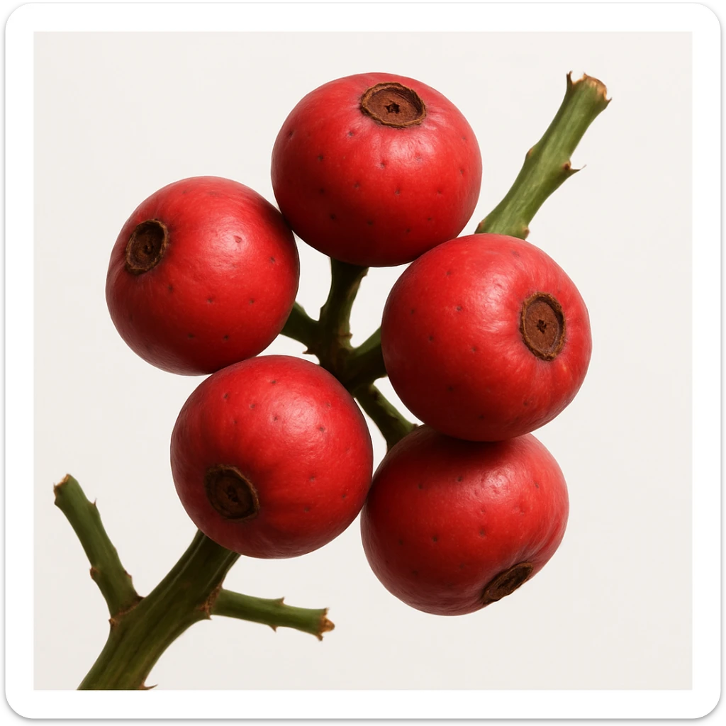 realistic cluster of red round spike-free Stenocereus fruits on a branch with white background sticker