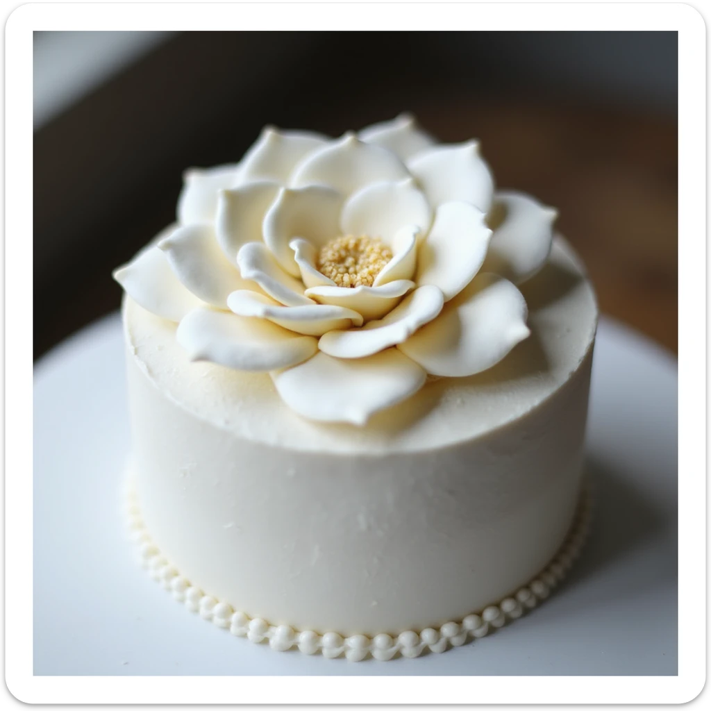 photorealistic white Chanel camellia flower cake, delicate and elegant, no background sticker