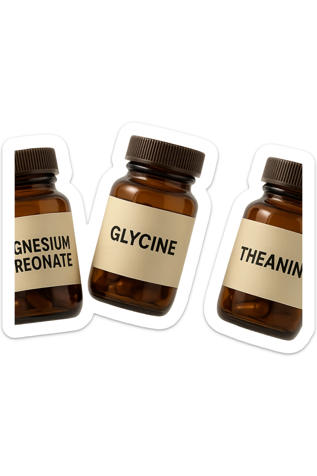 3 boccette di integratori: Magnesio Treonato, glicina, teanina, fluttuano in aria sticker