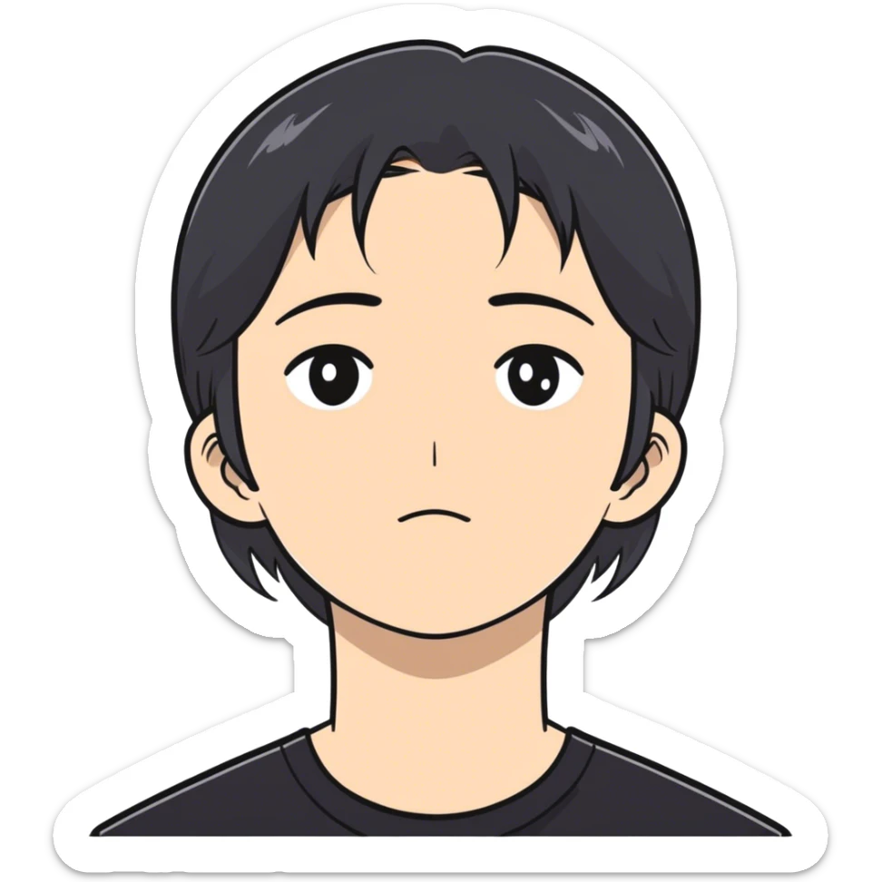 Joven con el cabello negro agarrado con una pinza y dos mechones en la cara con camisa negra sticker