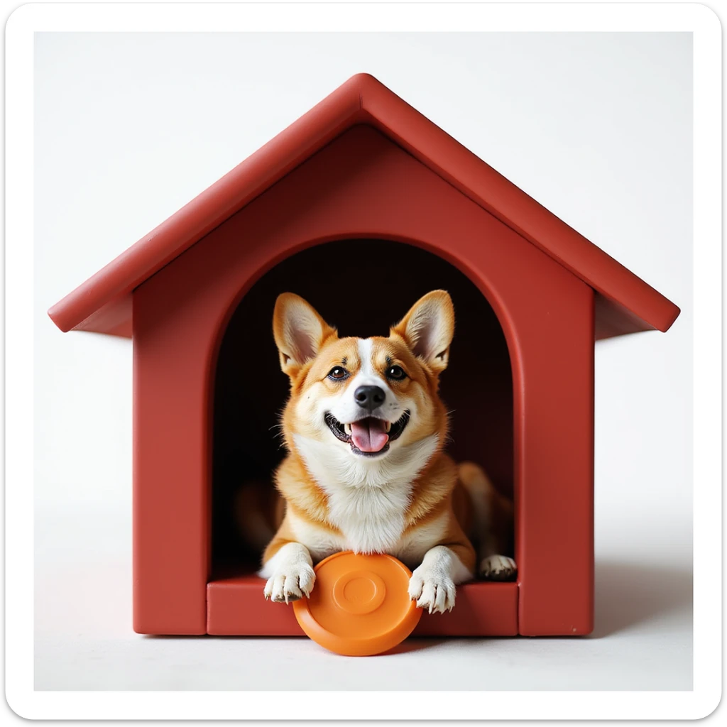 realistic red dog house with a Corgi dog inside, Corgi with a frisbee, photorealistic style sticker