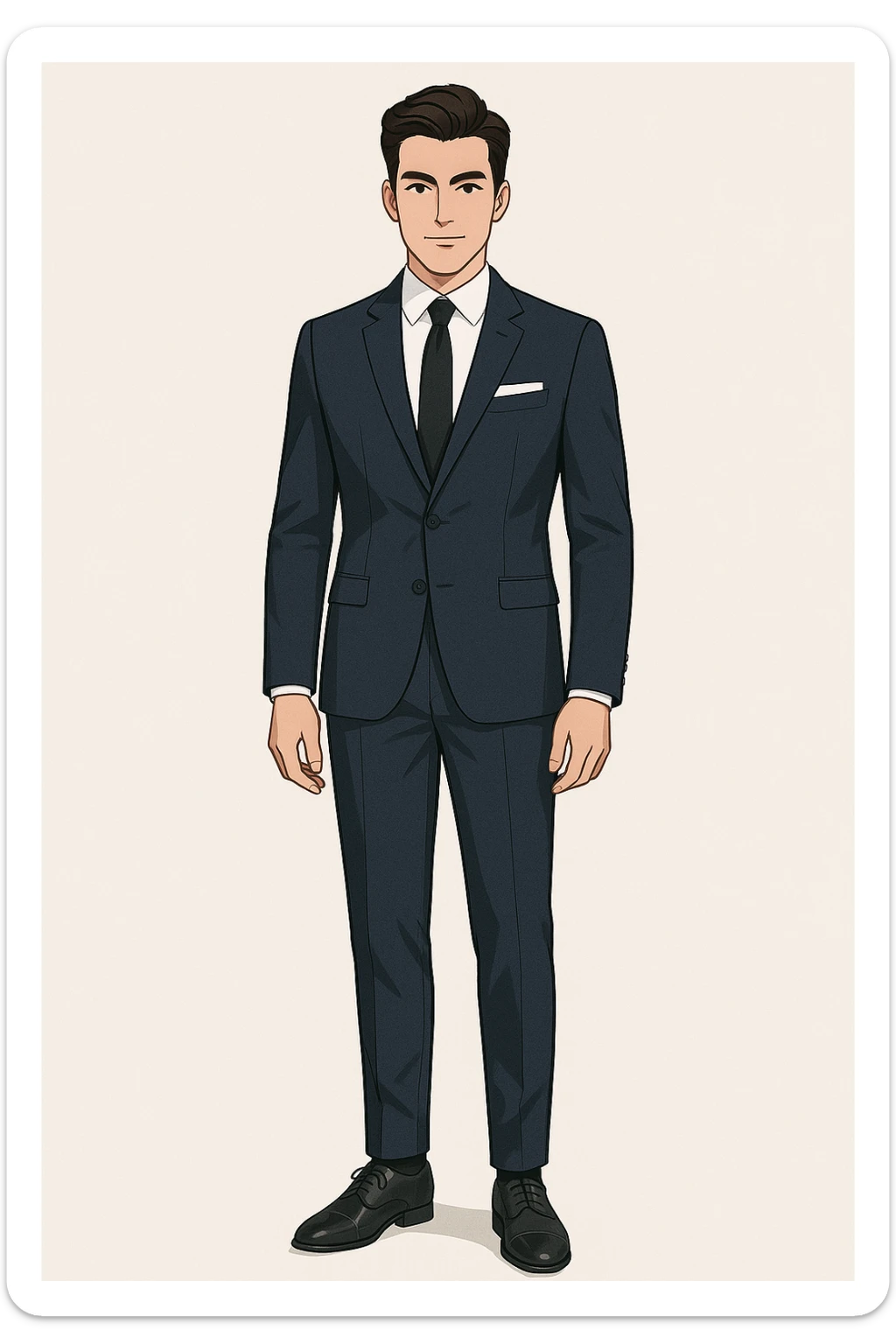 Full-body illustration of a young man with an elegant hairstyle and confident expression, wearing a fitted navy blue suit, white shirt, black tie, and pocket square. He is standing straight with arms relaxed and positioned naturally along his sides. Clean background, modern business look, sharp lines, consistent lighting, matching the previous visual style and character identity. sticker