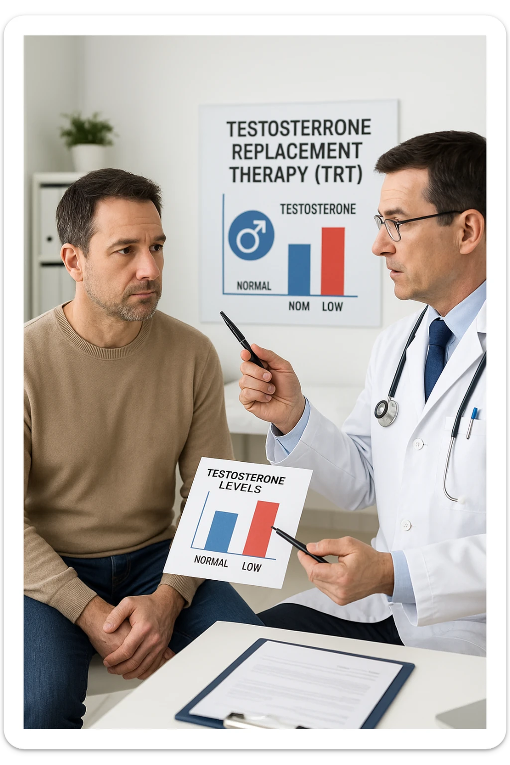 a man in his 40s sits in a doctor’s office, listening attentively as a physician explains TRT (Testosterone Replacement Therapy). The doctor holds a prescription pad and points to an educational chart showing testosterone levels. The mood is professional and informative, with a clean, clinical background. sticker