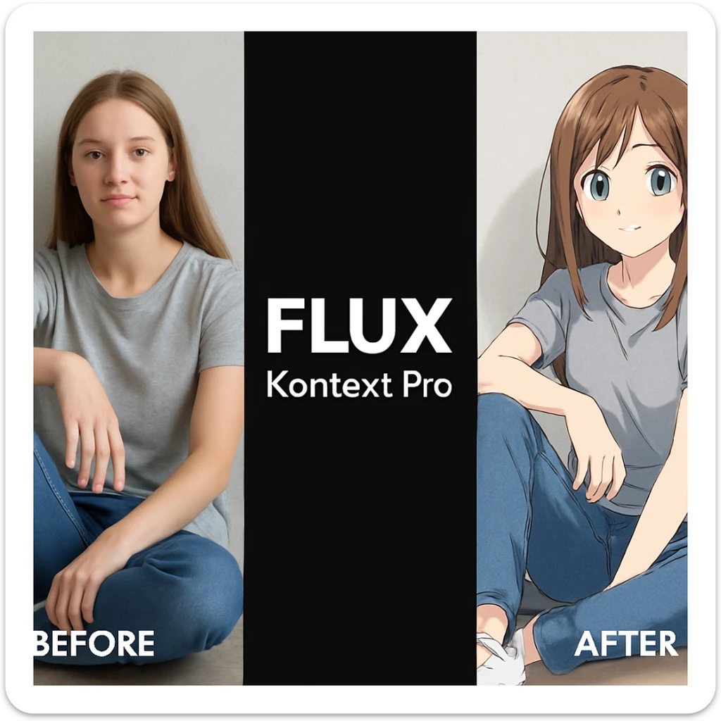 create before after image of a girl before is realsitic photo, after is anime version of her in same pose and clothes, add logo with text of a "FLUX Kontext Pro" in middle in big, black background sticker