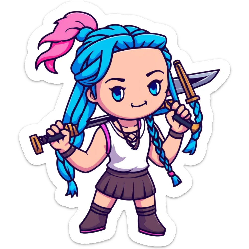 Jinx from League of Legends with long blue braids, pink eyes, and weapons sticker