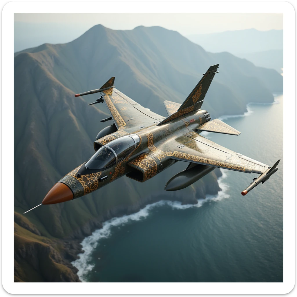 photorealistic military jet inspired by fusion of Viking, Ottoman, Old Norse designs, camo patterns and decorative elements from Turkish, Greek, Indian, European cultures, wood, iron, gold, titanium materials, flying over dramatic Scottish valley and sea, visible influences from all listed cultures sticker