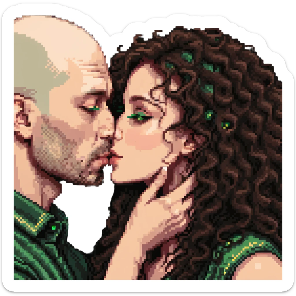 caucasian bald man with green eyes and caucasian woman with long curly dark hair and brown eyes kissing sticker