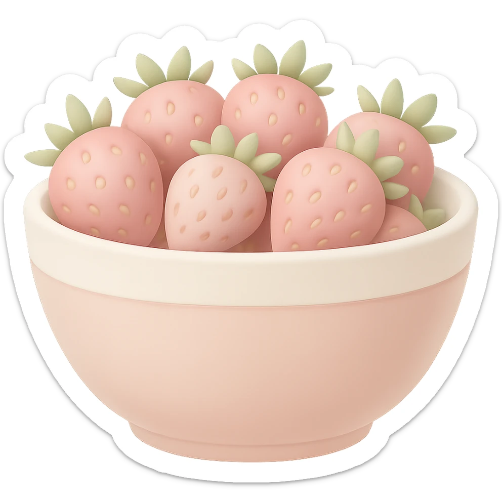 Make the colors of the elegant pastel pink bowl overflowing with strawberries softer and less saturated, avoid high contrast, keep the style as emoji, with no background. The style should resemble emoji style with soft pastel colors and no background. sticker