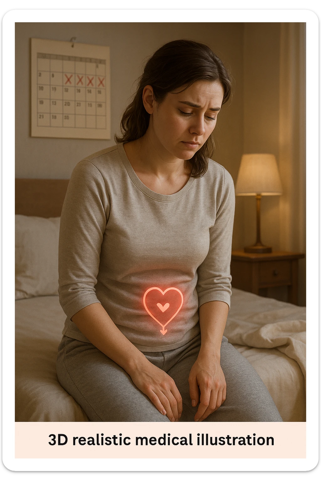 3D realistic medical illustration: a young woman in her 20s or 30s sits on the edge of a bed in a softly lit bedroom, looking thoughtful and slightly concerned. She wears comfortable loungewear, her posture is slouched, and her expression is subdued. Subtle visual cues—such as a faded calendar with missed menstrual cycles and a dimmed heart or energy icon near her abdomen—symbolize low libido and amenorrhea. The scene is realistic, intimate, and empathetic. sticker