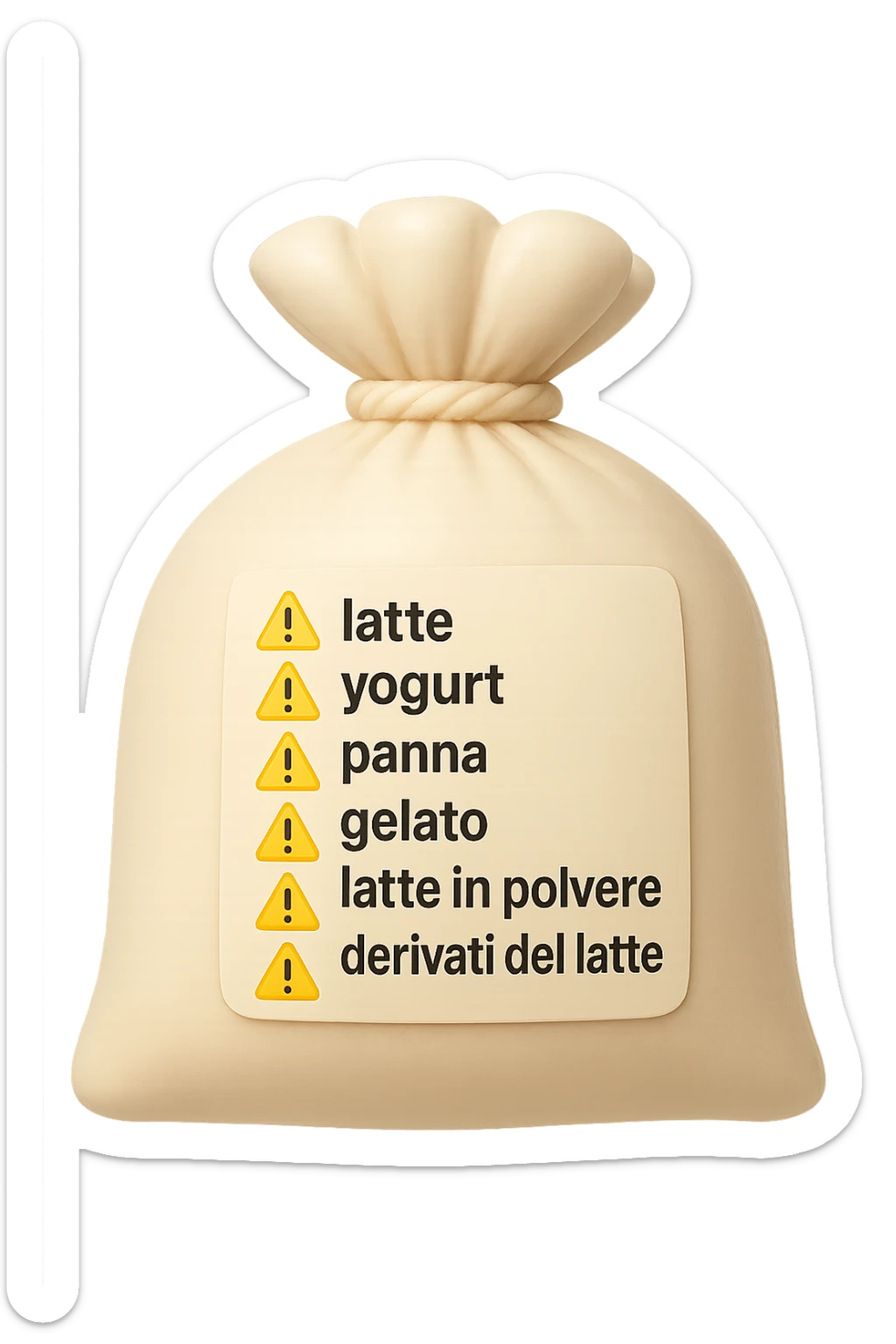 SU QUESTO STILE FAI UN EMOJI STILE IPHONE 3D DI UNa busta di mozzarelle con ETICHETTA CON GLI INGREDIENTI SCRITTI, "latte, yogurt, panna, gelato, latte in polvere, derivati del latte." accanto ad ogni nome scritto mettici un segnale di allarme, FALLO MOLTO REALISTICO IN 3D sticker
