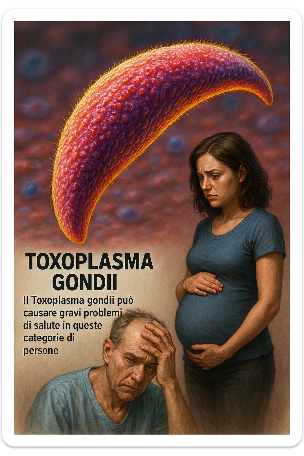 Toxoplasma gondii, infetta uomo immunodepresso e donne incinta. Causando gravi problemi tutto scritto in italiano immagine iperrealistica sticker