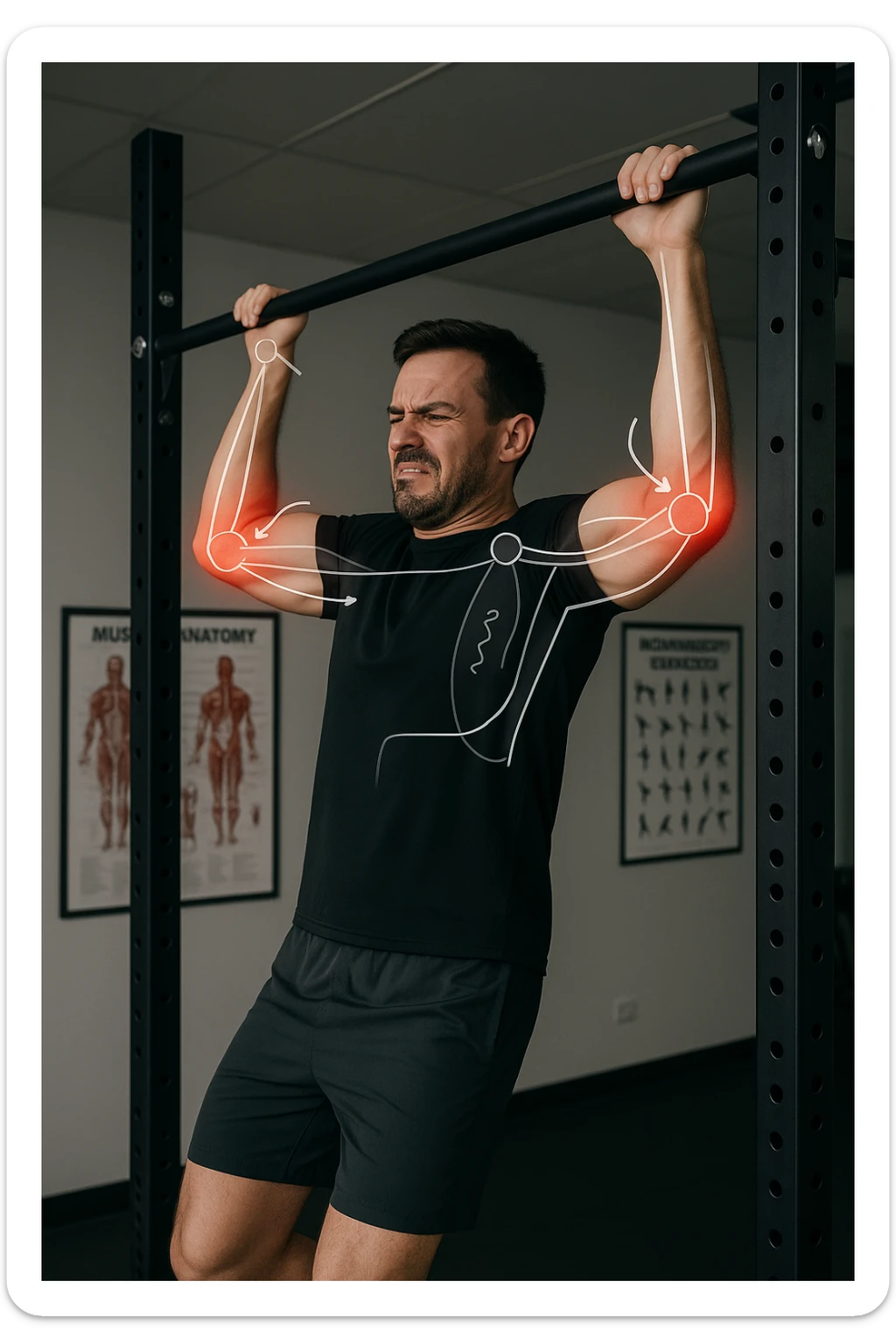 a man in gym clothes esegue una trazione alla sbarra con una tecnica visibilmente scorretta—gomiti troppo larghi o polsi piegati in modo innaturale. I gomiti sono evidenziati con un alone rosso acceso per indicare dolore o infiammazione. Un diagramma trasparente mostra le forze errate applicate sull’articolazione. La scena è ambientata in una palestra moderna, con poster educativi sullo sfondo. sticker