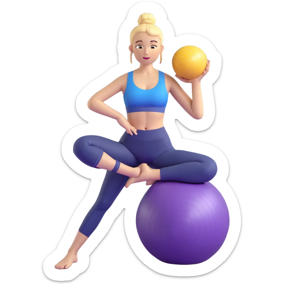Yellow-skinned girl with high ponytail wearing blue sports bra and navy yoga pants doing yoga with a large exercise ball sticker