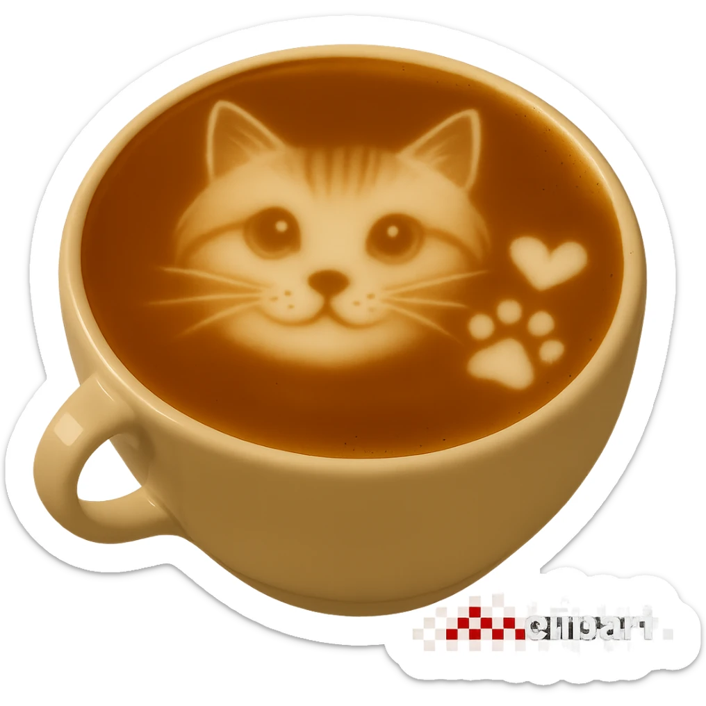 Add a small heart latte art next to the paw print and cat face on the latte. Keep realistic texture and gentle lighting. No background. Maintain the realistic latte art style as in the reference image. sticker