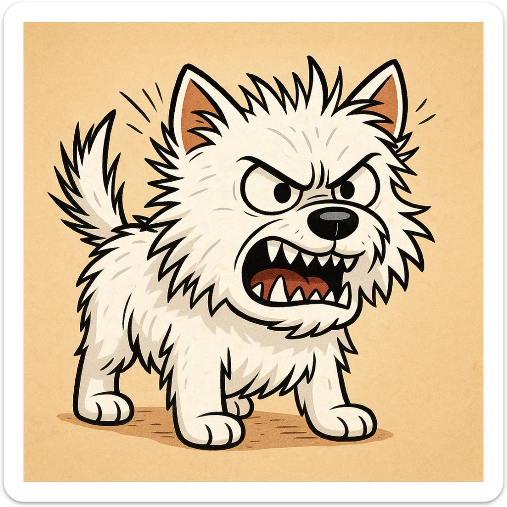 angry West Highland White Terrier dog, showing teeth, fur bristling, cartoon style sticker