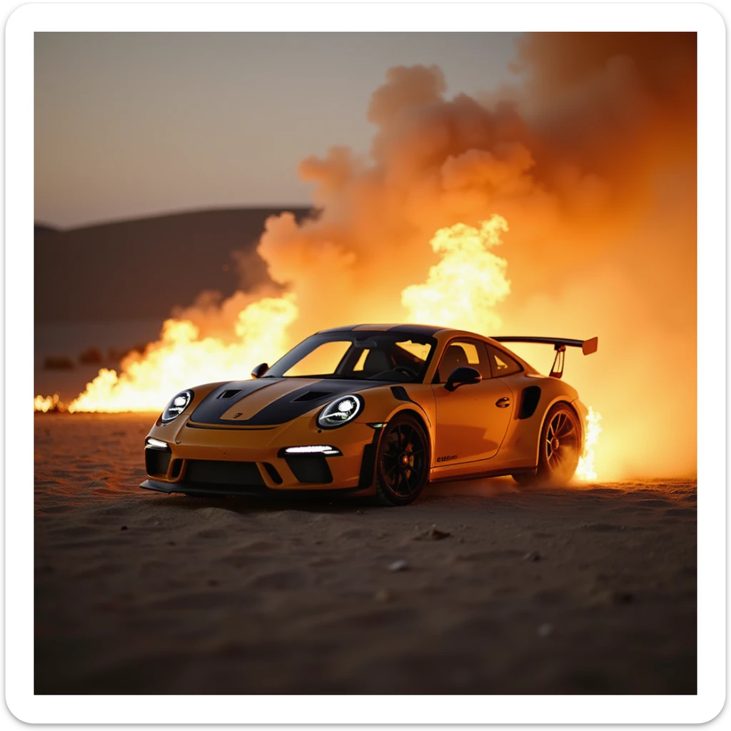 Cinematic shot, Porsche 911 gt3 rs in fire, desert sticker