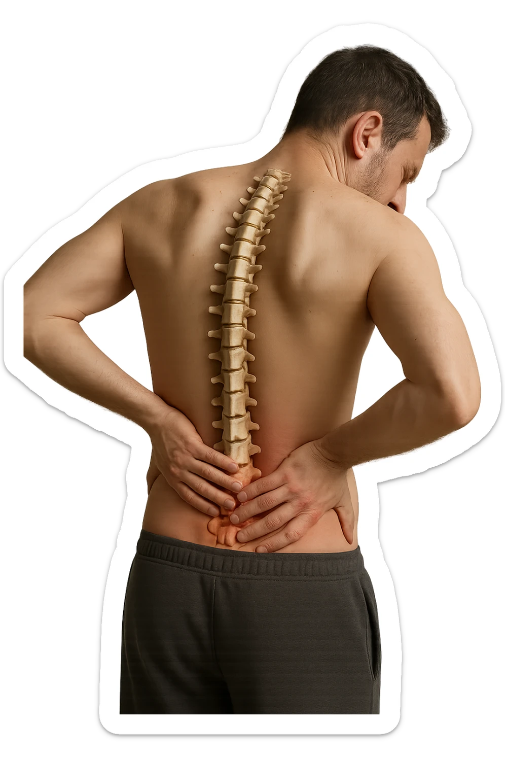 uomo con spina dorsale anatomica visibile che si massaggia la schiena perché gli fa male, iperrealistico 4k sticker