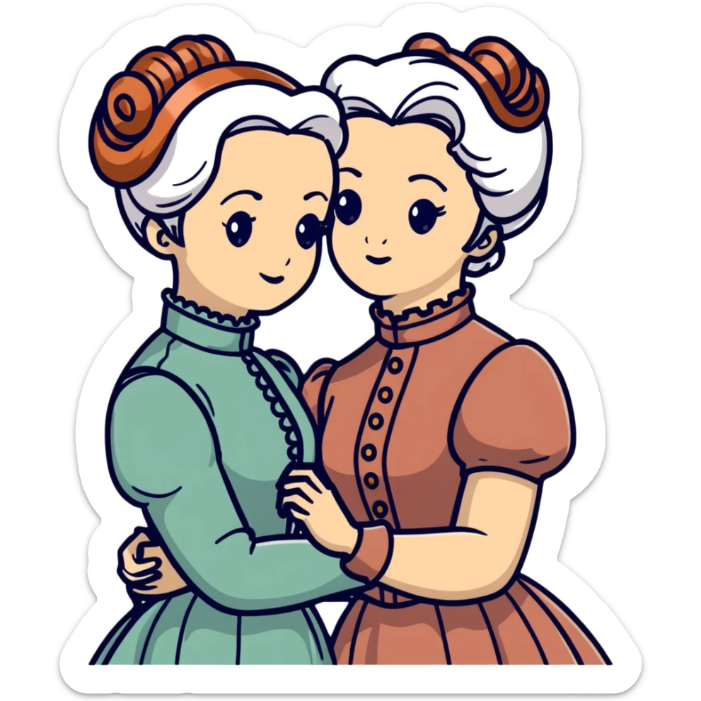 Two Victorian women embracing, one with white coiffed hair and one with copper coiffed hair, both with light eyes, wearing Victorian high-neck dresses sticker