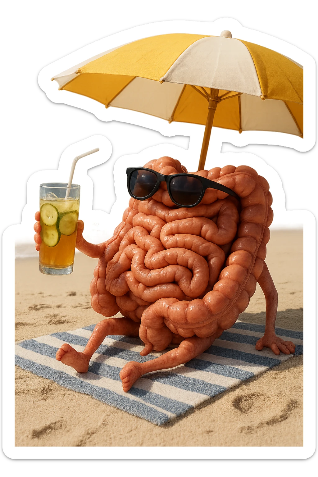 INTESTINO SEDUTO IN SPIAGGIA SOTTO L'OMBRELLONE MENTRE BEVE THè FREDDO CON CETRIOLO
IPERREALISTICO 4K sticker