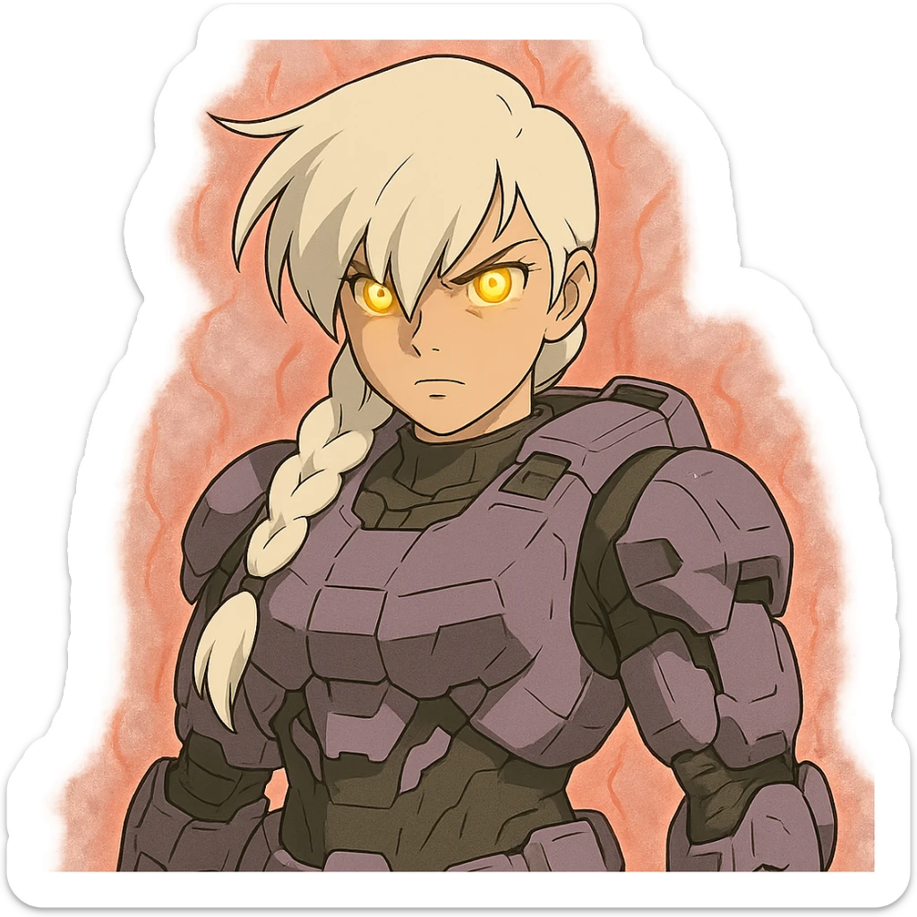 female, wearing reach spartan armor shoulder-unequip, long white braid hair with massive messy front side single bangs, gold yellow eyes, attention pose, D-cup size, HALO:series, no helmet, the armor is lavender color scheme, eyes glowing, demon eye, gleam, rage aura, body steaming sticker