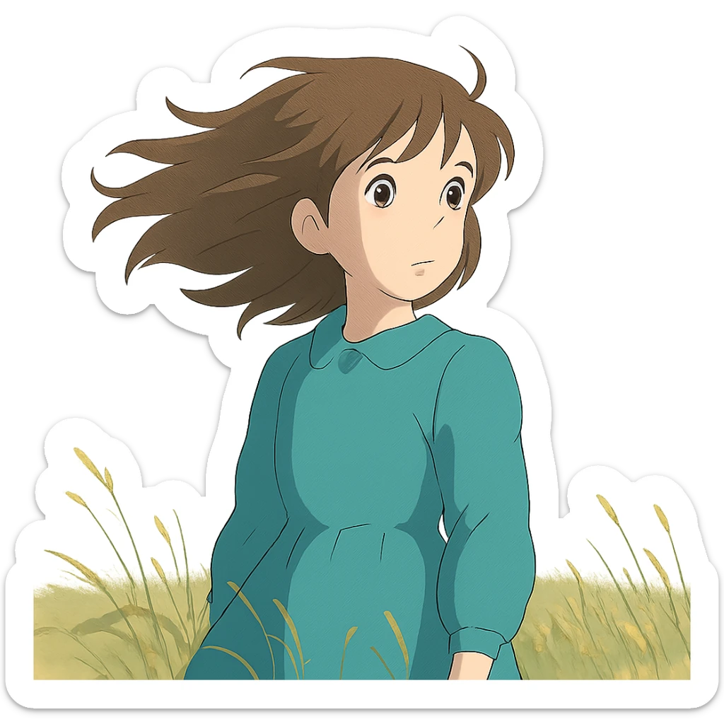 young girl with wind-blown hair standing in a field, ghibli style sticker