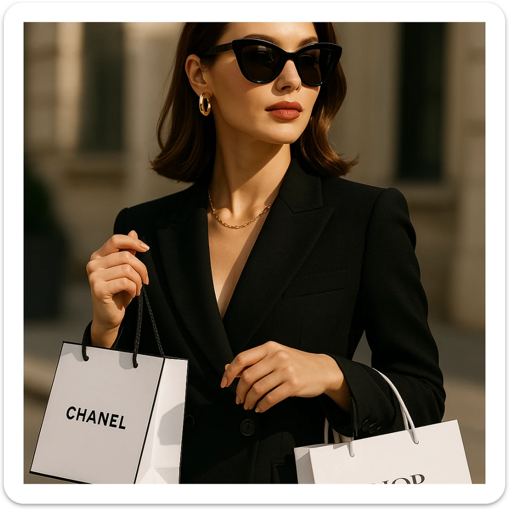 A stylish woman with Chanel and Dior bags, exuding elegance and luxury, modern fashion vibe. sticker